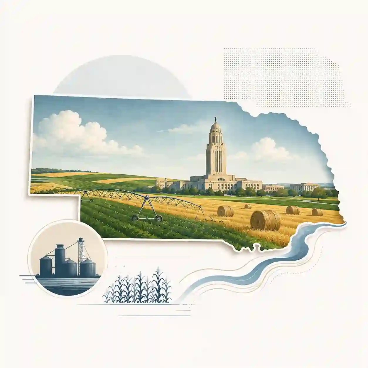 Nebraska state map with icons for mobile, office, remote team and call center connected to a central phone pin